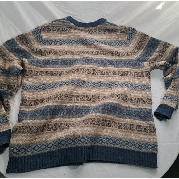 Eddie Bauer Lambs Wool Sweater Fair Aisle Blue Tan Geometric Nordic Crew Neck L - Picture 7 of 7
